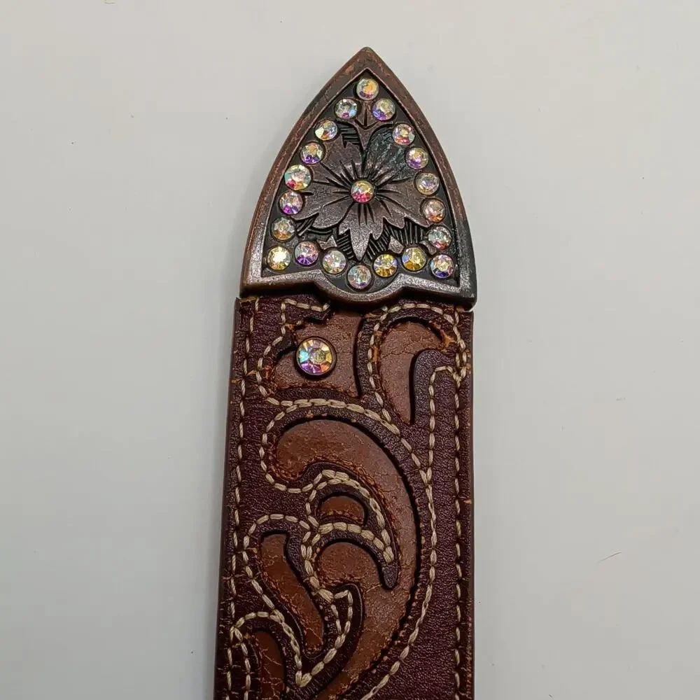 Brown Leather Belt Medium Western Tooled Rhinestone Studded Cowgirl Boho Rodeo